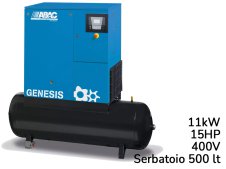 Compressore rotativo a vite ABAC Genesis 11kW velocità fissa su serbatoio 500lt