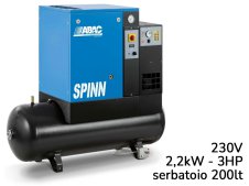 Compressore rotativo a vite ABAC Spinn E 2,2 230V su serbatoio da 200 lt con essiccatore, 8-10 bar