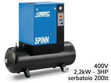 Compressore elettropneumatico ABAC Spinn 2,2 400V ad avviamento diretto su serbatoio 200lt, 8-10bar