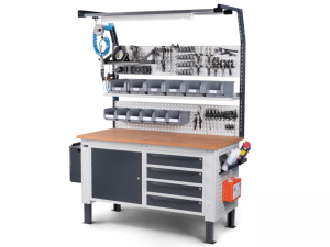 Banco da lavoro Fami Work Up regolabile con piano in legno, allestimento WORK1513
