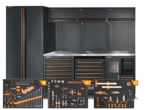 Arredo per officina Beta C45PROX 2955x495x2000mm con piano in acciaio inox completo di 196 utensili