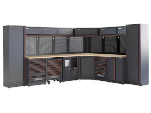 Arredo Beta C45PRO 2.0 DW per officina 3718/3038x645x2000mm con piano di lavoro in legno