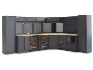 Arredo Beta C45PRO 2.0 FW per officina 3718/3038x645x2000mm con piano in legno e avvolgitori