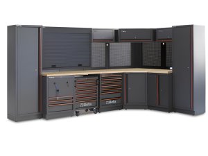 Arredo Beta C45PRO 2.0 GW per officina 3718/2358x645x2000mm con piano in legno e avvolgitori