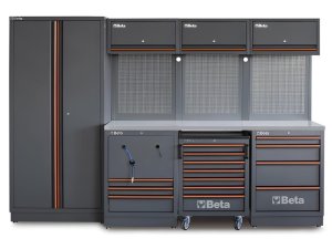 Arredo Beta C45PRO 2.0 HX per officina 2955x645x2000mm con piano in acciaio e 2 avvolgitori