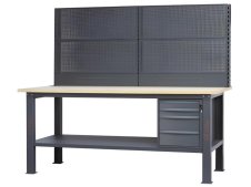 Banco da lavoro Beta C58BC-W2,1 4C/A 210cm antracite, piano in legno, 4 cassetti e parete attrezzata