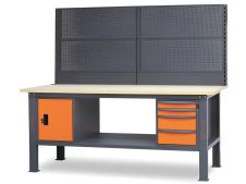 Banco da lavoro Beta C58BC-W2,1 4CA/O 210cm bicolore, piano legno, 4 cassetti, armadio e parete