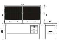 Banco da lavoro Beta C58BC-W2,1 4C/O 210cm bicolore, piano in legno, 4 cassetti e parete attrezzata
