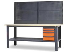 Banco da lavoro Beta C58BC-W2,1 4C/O 210cm bicolore, piano in legno, 4 cassetti e parete attrezzata
