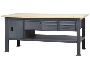 Banco da lavoro Beta C58BC-W 6CA/A 210cm antracite con piano in legno, 6 cassetti e armadio