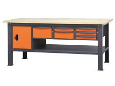 Banco da lavoro Beta C58BC-W 6CA/O 210cm bicolore con piano in legno, 6 cassetti e armadio