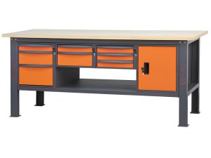 Banco da lavoro Beta C58BC-W 8CA/O 210cm bicolore con piano in legno, 8 cassetti e armadio