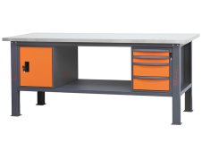 Banco da lavoro Beta C58BC-X 4CA/O 210cm bicolore con piano in acciaio inox, 4 cassetti e armadio