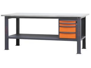 Banco da lavoro Beta C58BC-X 4C/O 210cm bicolore con piano in acciaio inox e 4 cassetti