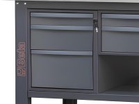 Banco da lavoro Beta C58BC-X 8CA/A 210cm antracite con piano in acciaio inox, 8 cassetti e armadio