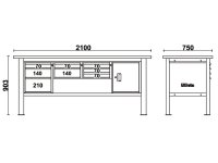 Banco da lavoro Beta C58BC-X 8CA/A 210cm antracite con piano in acciaio inox, 8 cassetti e armadio