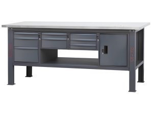 Banco da lavoro Beta C58BC-X 8CA/A 210cm antracite con piano in acciaio inox, 8 cassetti e armadio