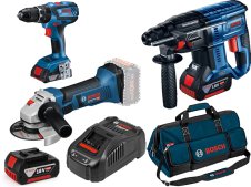 Bosch Kit martello, smerigliatrice e trapano con 3 batterie GBA 4ah, caricabatterie e borsone