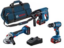 Bosch Kit trapano, smerigliatrice e perforatore con 3 batterie, caricabatterie e borsa