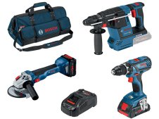 Bosch Kit martello, smerigliatrice e trapano con 2 batterie ProCore 18V, caricabatterie e borsone