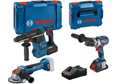 Bosch Kit utensili per serramentista trapano, smerigliatrice e perforatore con 2 batterie e valigett