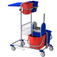 Carrello per pulizia professionale con 2 vasche da 15 lt con strizzatore, portasacco 120lt