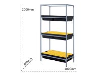 Scaffalatura con 3 vasche di raccolta Carvel 1000x600x2000mm per liquidi pericolosi, capacità 180lt