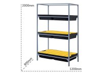 Scaffalatura con 3 vasche di raccolta Carvel 1200x800x2000mm per liquidi pericolosi, capacità 300lt