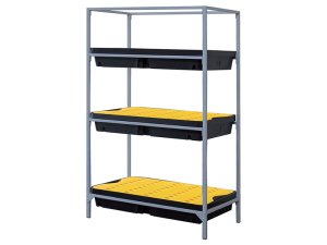 Scaffalatura con 3 vasche di raccolta Carvel 1200x800x2000mm per liquidi pericolosi, capacità 300lt