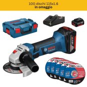 Bosch Smerigliatrice angolare a batteria GWS 18-125 V-LI + 100 Dischi Abra Beta 115x1.6 Bosch Smerigliatrice angolare a batteria GWS 18-125 V-LI + 100 Dischi Abra Beta 115x1.6
