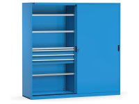 Armadio officina Fami Perfom 2040x600x2000mm con ante scorrevoli, 8 ripiani fessurati e 6 cassetti