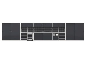 Arredo modulare per officina Fami GARAGE088 con piano in acciaio inox, 8976x695x2000mm