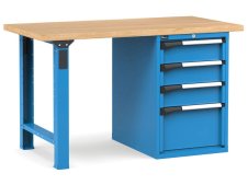 Banco da lavoro Fami Master 150cm blu con piano in legno e armadio a 4 cassetti