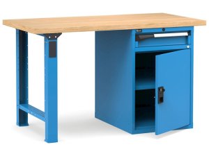 Banco da lavoro Fami Master 150cm blu con piano in legno, armadio e cassetto