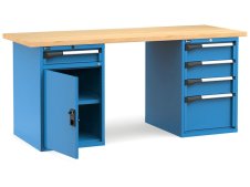 Banco da lavoro Fami Master 200cm blu con piano in legno, porta e 5 cassetti