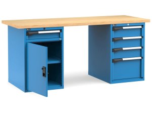Banco da lavoro Fami Master 200cm blu con piano in legno, porta e 5 cassetti