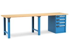 Banco da lavoro Fami Master 300cm blu con piano in legno e armadio a 4 cassetti