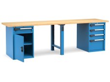 Banco da lavoro Fami Master 300cm blu con piano in legno, porta e 5 cassetti