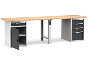 Banco da lavoro Fami Master 300cm grigio con piano in legno, porta e 5 cassetti