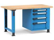 Banco da lavoro regolabile Fami Master 150cm blu con piano in legno e armadio a 4 cassetti