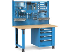 Banco da lavoro regolabile Fami Master 150cm blu con parete attrezzata e 4 cassetti