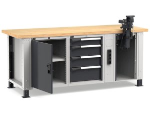 Banco da lavoro regolabile Fami Master 200cm grigio con 4 cassetti, armadio, morsa e 4 prese