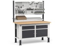 Banco da lavoro regolabile Fami WORK1532 150cm, piano legno, 2 cassetti, 2 armadi e parete forata