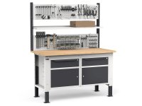 Banco da lavoro regolabile Fami WORK1532 150cm, piano legno, 2 cassetti, 2 armadi e parete forata