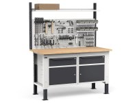 Banco da lavoro regolabile Fami WORK1532 150cm, piano legno, 2 cassetti, 2 armadi e parete forata