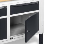 Banco da lavoro regolabile Fami WORK1532 150cm, piano legno, 2 cassetti, 2 armadi e parete forata