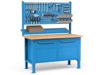 Banco da lavoro regolabile Fami WORK1538 150cm, piano legno, 2 cassetti, 2 armadi e parete forata