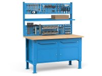 Banco da lavoro regolabile Fami WORK1538 150cm, piano legno, 2 cassetti, 2 armadi e parete forata