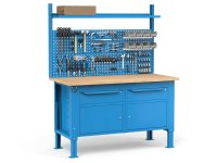 Banco da lavoro regolabile Fami WORK1538 150cm, piano legno, 2 cassetti, 2 armadi e parete forata