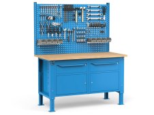 Banco da lavoro regolabile Fami WORK1538 150cm, piano legno, 2 cassetti, 2 armadi e parete forata
